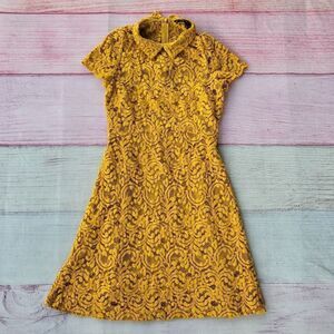 Zara Basic‎ Mustard Yellow Short Sleeve Lace Overlay A-Line Mini Dress Small